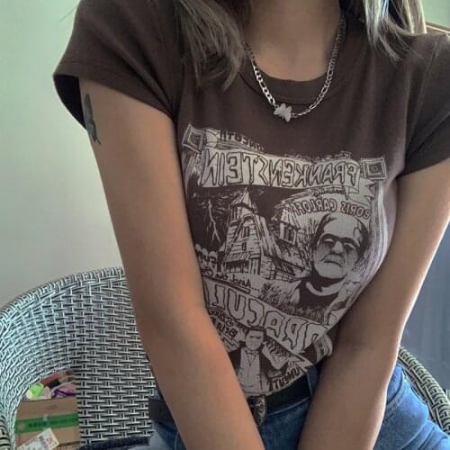 90s Vintage Grunge Graphic Aesthetic Women Crop Tops Punk Harajuku Y2K Goth Short Sleeve Streetwear Print Slim Clothes T-shirt