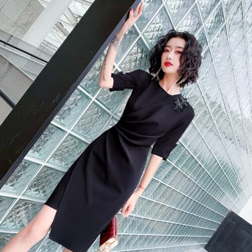 Beauty-Emily Elegant Middle Formal Party Dress Women Skirt Rhinestone Appliques Satin Everyday Wear 2020 Autumn womens clothing