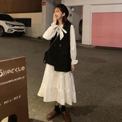 Woman Dress 2021 Autumn Korean Fashion Commuter White Long Sleeve Dress and Black Vest Two-Piece Dresses Suit Vestidos