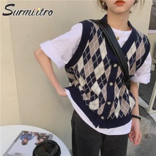 SURMIITRO 2021 Spring Autumn Knitted Sweater Vest Women V-Neck Plaid Sleeveless Cardigan Waistcoat Female Japanese Korean Style
