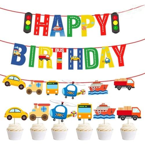 1set Happy Birthday Banner Creative Car Airplane Cupcake Topper Birthday Birthday Decoration Garlands Children Party Decoration