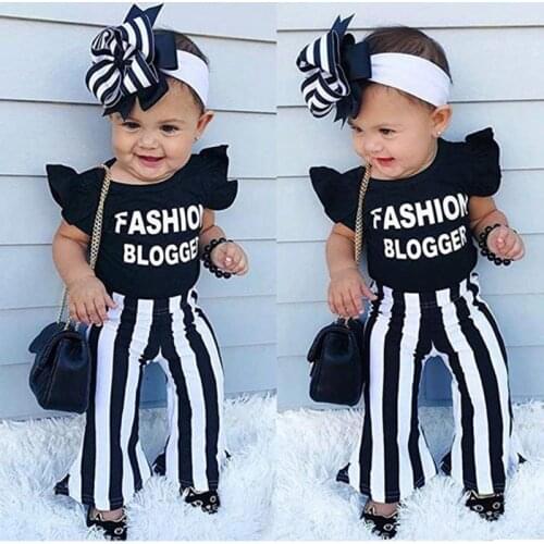 1-6Yrs Children Girls Clothes Suits Soft Ruffles T-Shirts Stripe Pants 2Pcs Summer Kids Girls Clothing Outfits