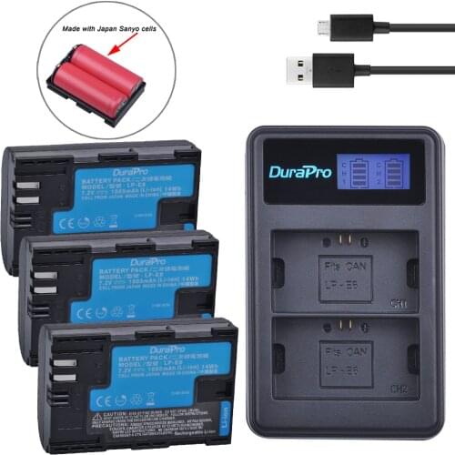 3pc LP-E6 LP-E6N LP E6 Li-ion Rechargable Battery Made With Japan Cells + LCD USB Charger For Canon EOS 5D Mark II III 7D 60D 6D