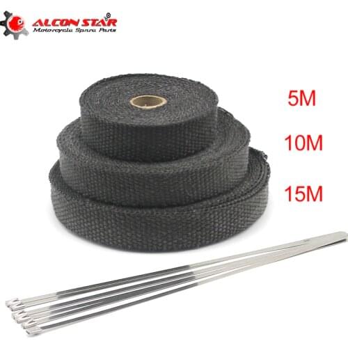 Alconstar- 5M/10M/15M 1 Roll Fiberglass Heat Shield Motorcycle Exhaust Header Pipe Heat Wrap Tape Thermal Protection+ 6 Ties Kit