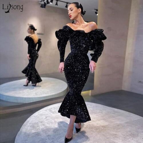 Sparkly Sequin Off Shoulder Prom Dresses Mermaid Black Bling Bling Ankle Length Evening Gown Long Sleeve Ruffled Arabic Dress