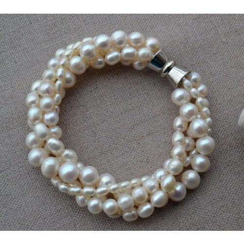 Perfect Pearl Jewellery,4Rows 8inches 4-10mm Ivory Freshwater Pearl Bracelet,Magnet Clasp,New Free Shipping