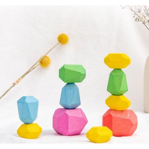 Montessori Toys 10 PCS Primary Color Wooden Rainbow Stone Stacking Blocks Balance Creative Gifts For Children