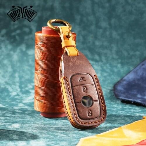 Handmade Leather Car Keychain Cover Fit for Mercedes-Benz new E-class E200LE300L Key Case