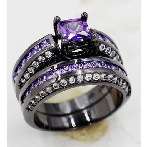 Fashion Engagement Purple Crystal Rings for Women Girl Black Filled Rhinestone Wedding Band Ring Set Lover Party Gift Jewelry