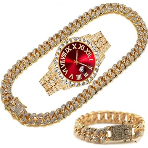 Full Iced Out Watch Mens Cuban Link Chain Bracelet Necklace Choker Bling Jewelry for Men Big Gold Chains Hip Hop Men Watch Reloj