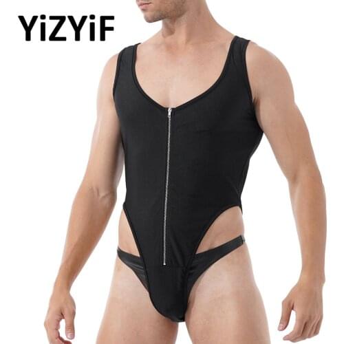 Men Bodysuit Pajamas Sexy Sleeveless Zipper Underwear Rompers Fitness Men Bodysuits Nightwear