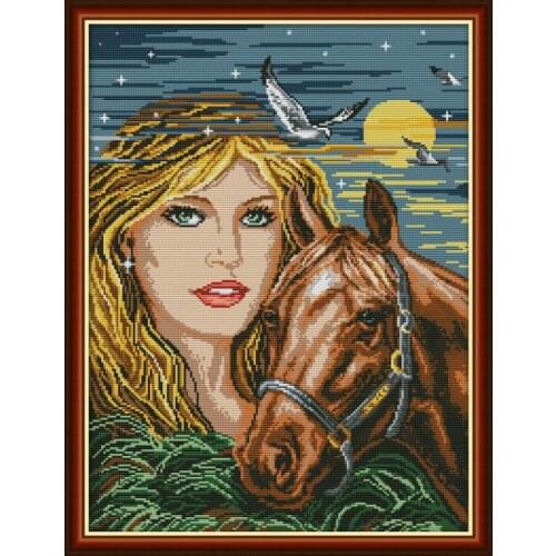 Beauty and Horse Cross Stitch Kits Joy Sunday Portrait Painting 11CT 14CT Cross Stitch DMS Printed Pattern DIY Embroidery Sets