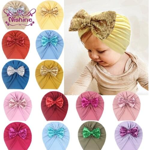 Nishine Newborn Child Bowknot Hats Baby Girl Soft Glitter Sequins Big Bow Caps Infant Cotton Beanie Bonnet Kids Photo Props