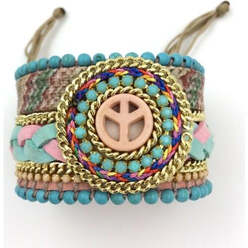 2015 New European Jewelry Suppliers leather Bangle wrap bracelet peace symbol beads bracelet for women girl