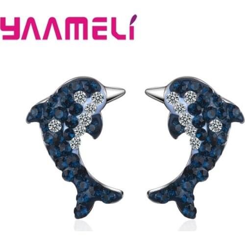 New Attractive Women Dark Blue Cubic Zirconia Full Paved Dolphin Stud Earrings Girls Trendy 925 Sterling Silver Jewelry Earrings