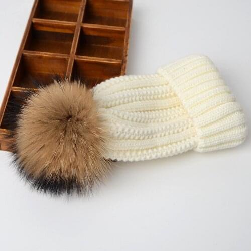 Women Solid Beanie with Large Real Fur Pompom Wide Cuff Ladies Girls Knitted Ribbed Warm Grey Pink Black Red Ivory Winter Hat