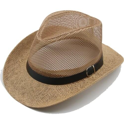 Summer men hat western cowboys belt Straw Hats visor panama mesh jazz caps classic khaki sun hats bucket sombreros de mujer 2021