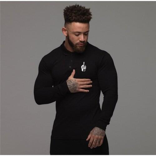 2020 New Spring Polo Shirts Fashion Mens Printed Long Sleeve Stand Collar Male Solid Polo Shirt Male Bodybuilding Sports Shirt