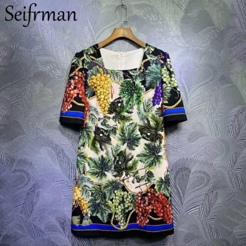 Seifrmann Summer Women Fashion Designer Party Short Dress Short Sleeve Gorgeous Crystal Beading Printed Ladies Loose Dresses