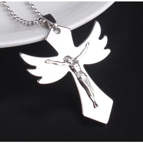 Silver colory Wing cross Jesus portrait 316L Stainless Steel pendant necklaces bead chain for men women wholesale