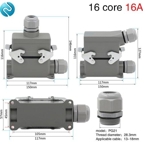 Heavy duty connector hdc-he-016 rectangular 16 core high base aviation plug socket waterproof 16A