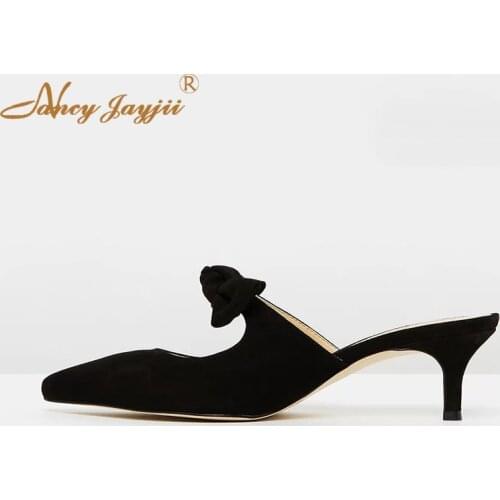 Flock Women shoes Adult Slippers Butterfly-knot Black Solid High Thin heels Outside Basic Casual Fashion Leisure Classic 2019