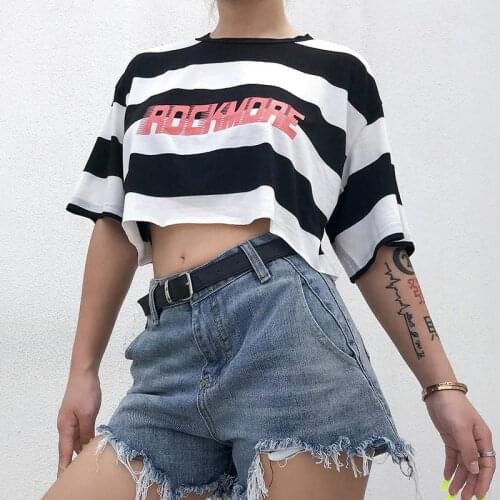 JieZuoFang 2019 Letter Stripe T-shirt Women Gothic Fashion Loose Summer Tops Hip Hop Tees Streetwear School Young Girl Crop Top