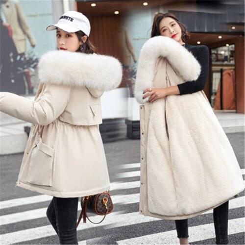 2021 Winter Fashion New Mid-Length Fur Collar Hooded Long Sleeves Plus Velvet Thick Warm Cotton Jacket Women Trendy H227