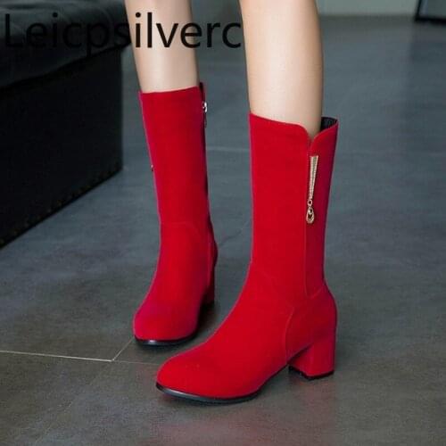 Autumn And Winter New fashion Round head zipper Metal Decoration Thick heel mid heel Middle tube Womens Boots plus size 32-45