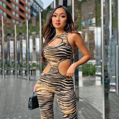 2021 New Style Women’s Casual Sleeveless Skinny Jumpsuit Ladies Fashion Tiger Hollow Round Neck Tight Long Jumpsuit