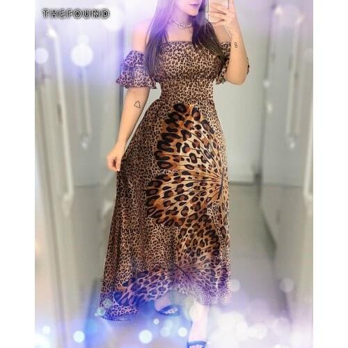 2020 New Leopard Dress Women Chiffon Long Beach Dress Loose Off shoulder A-line Sexy Party Dress Summer Casual Dress