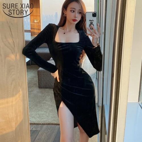 Korean Winter Sexy Party Dress Square Collar Velvet Dress Long Sleeve High Slit Slim Splicing Black Dress Women Robe Femme 13180