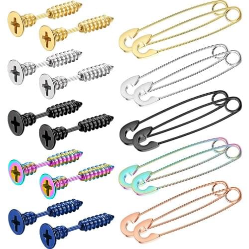 1 Pair Stainless Steel Men Unisex Stud Earrings Punk Goth Hip Hop Style Spike Cross Screws Safety Pin Hoop Earrings Set Earrings