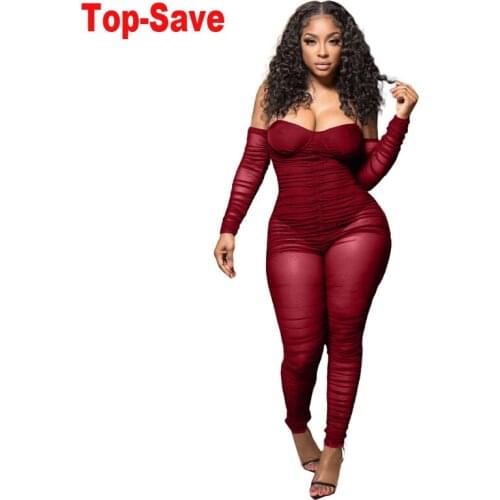 2021 Autumn Night Clubwear Sexy Mesh Jumpsuit Women Off The Shoulder Bodycon Long Sleeve Pencil Pants Overalls See Through Bodys