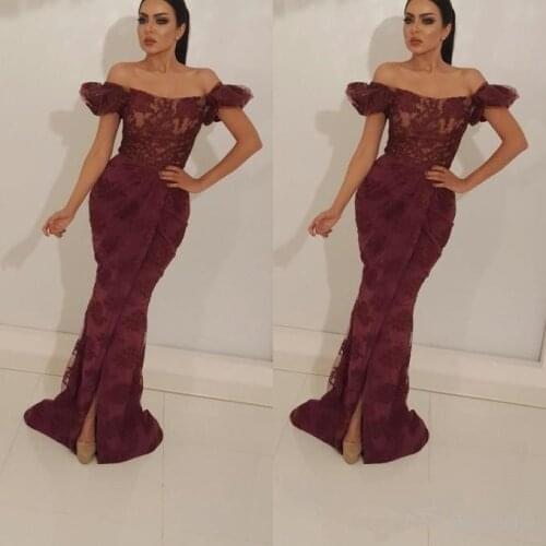 Burgundy Muslim Evening Dresses Mermaid Off The Shoulder Lace Islamic Dubai Saudi Arabic Long Evening Gown Prom Dress