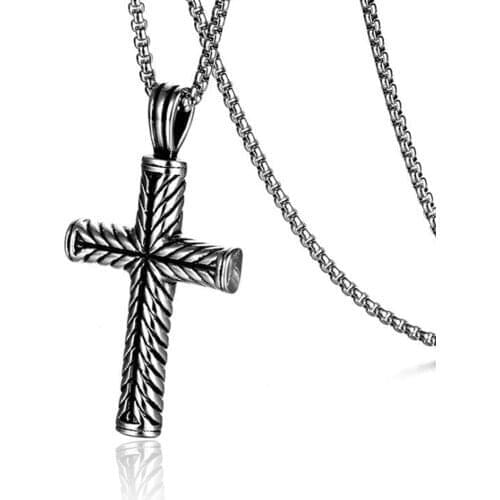 Men Retro Titanium Stainless Steel Silver Tone Religious Cross Pendant Necklace