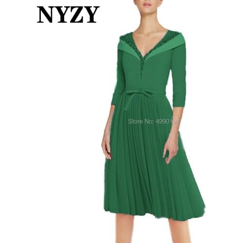 Elegant Chiffon 3/4 Sleeves Green Mother of the Bride Dresses NYZY M330A Short Wedding Party Dress Cocktail Evening Formal Gown