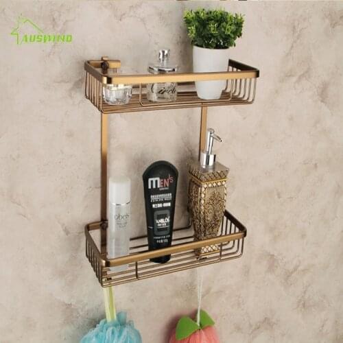 Europe Classic Shelves Double Layer Rack Space Aluminum Wall Bronze Square Bathroom Shelf Storage Rack 300*360*140mm