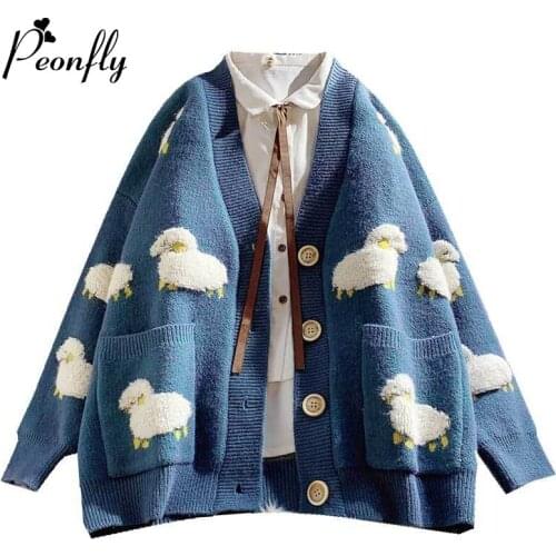 PEONFLY New 2020 Autumn Female Cardigan Loose Streetwear Sweater Coat Cute Cartoon Sheep Print V Neck Knitted Women Jacket
