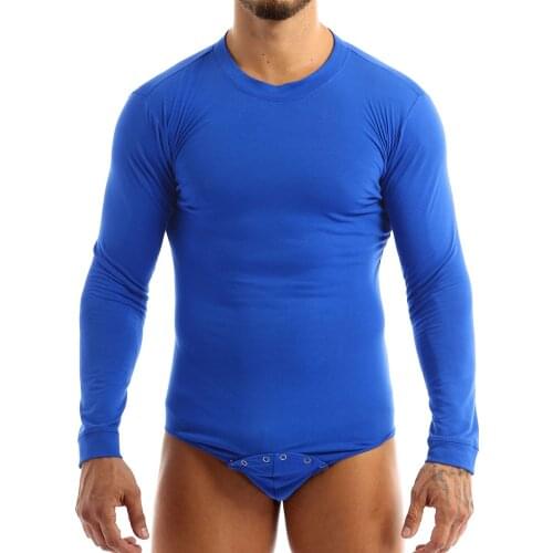 Men Adults Lingerie Round Neck Long Sleeves Pressed Crotch T-shirt Top Bodysuit Romper Pajamas Underwear Gym Sports Clothing