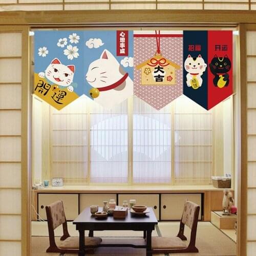 Japanese Lucky Cat Short Curtains for Living Room Kitchen Half Curtain Sushi Shop Hanging Curtains Restaurant Decorative