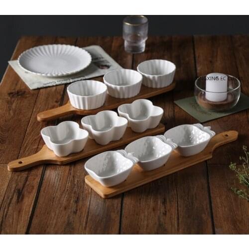 Creative Ceramic Plate X Wooden Tray Afternoon Tea Dessert Plate Set Household Fruit Separation Plate Simple Kitchen Supplies