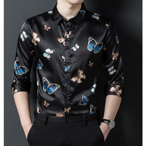 Men Clothing 2021 Fashion Black Satin Elegant Mens Shirts Butterfly Printed Shirts Large Sizes Silk Smooth Cozy Gents Casual Top
