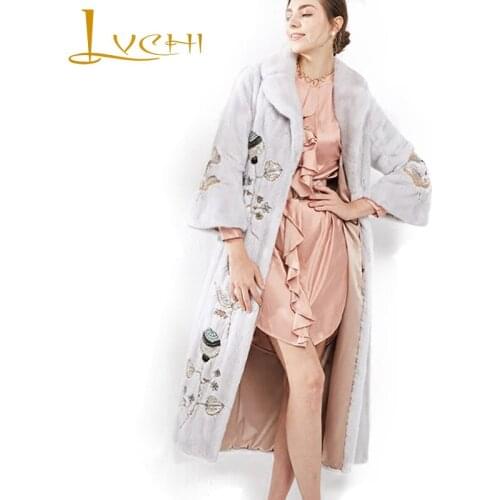 LVCHI Winter 2019 Beading Womens Natural Fur Nine Quarter X-Long Mink Coats Violet Qualities Imported Crown Velvet Mink Coat