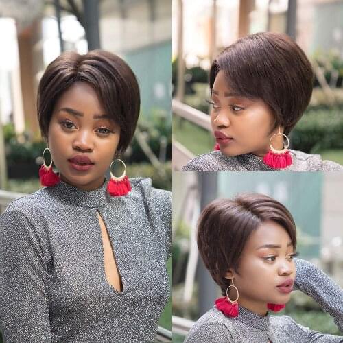 Pixie Cut Wig Short Wig Bangs Honey Brown Short Hair Wig Bob Wig For Black Women Remy Straight Hair Cheap Wigs Free Shipping