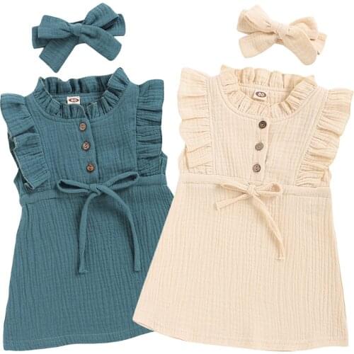 Toddlers Girl’s Ruffles Casual Dress and Headband Suumer Solid Color Button Bow A-line Princess Dress Costume 2021 New