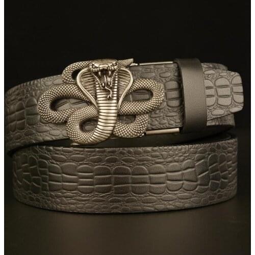 Men Automatic Buckle Top Layer Cowskin Genuine Leather Crocodile Grain Alligator Cobra Belt Jeans BCD044