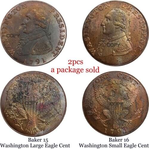 United States Washington President 1791 Baker 15 Washington Large Eagle Cent 16 Washington Small Eagle Cent Copper Copy coins