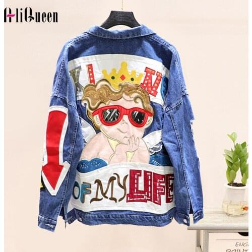 2020 Womens Denim Jackets Ladies Patch Denim Jacket With Patch Designs Punk Long Sleeve Loose Street Wear Jeans Coat Jackets