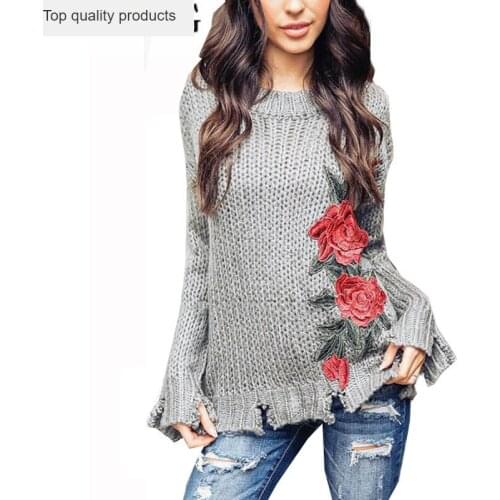 European 2020 Women Long Sleeve Loose Pullovers Knitted Sweaters Jumper Knitwear Outerwear Floral Women Sweaters Gray